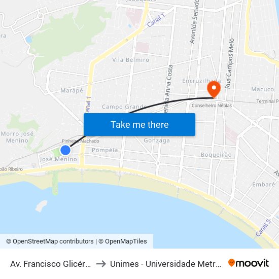 Av. Francisco Glicério (Orquidário) to Unimes - Universidade Metropolitana De Santos map