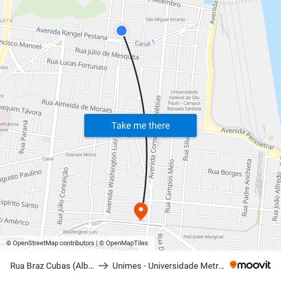 Rua Braz Cubas (Albergue Noturno) to Unimes - Universidade Metropolitana De Santos map