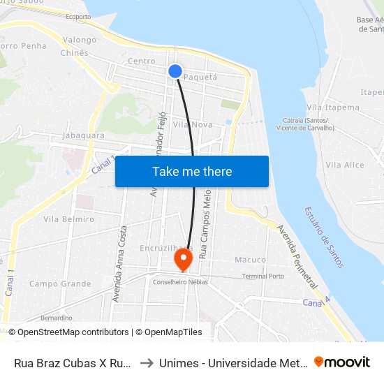 Rua Braz Cubas X Rua General Câmara to Unimes - Universidade Metropolitana De Santos map