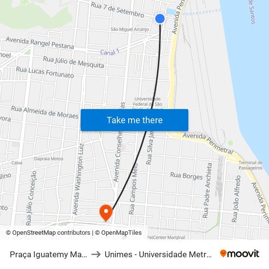 Praça Iguatemy Martins (Catraia) to Unimes - Universidade Metropolitana De Santos map