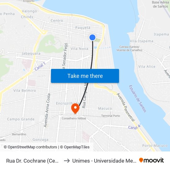 Rua Dr. Cochrane (Cemitério Do Paquetá) to Unimes - Universidade Metropolitana De Santos map