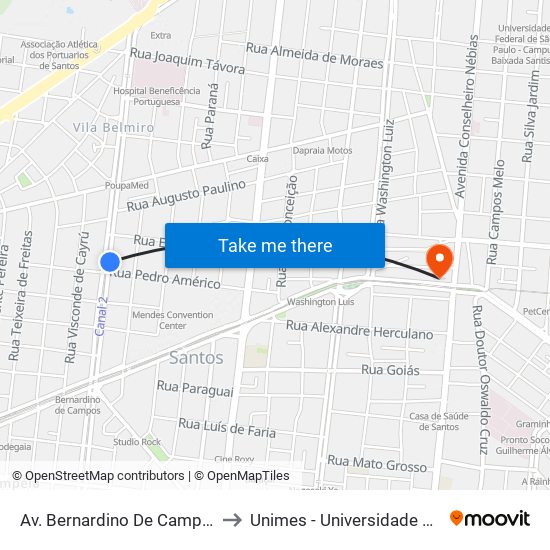 Av. Bernardino De Campos X Rua Pedro Américo to Unimes - Universidade Metropolitana De Santos map