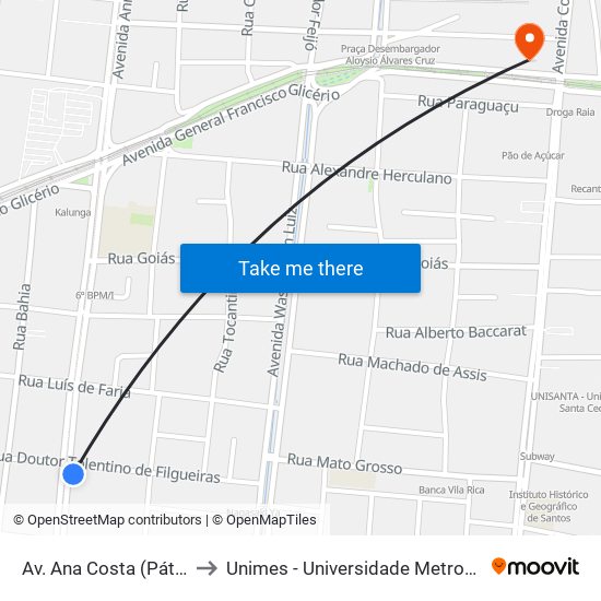 Av. Ana Costa (Pátio Iporanga) to Unimes - Universidade Metropolitana De Santos map