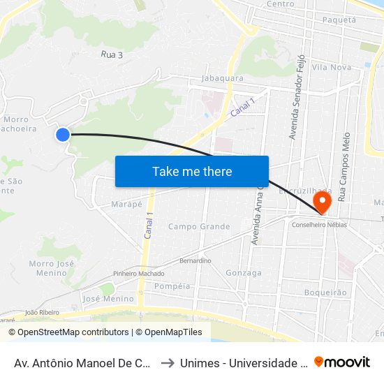 Av. Antônio Manoel De Carvalho (Lagoa Da Saudade) to Unimes - Universidade Metropolitana De Santos map