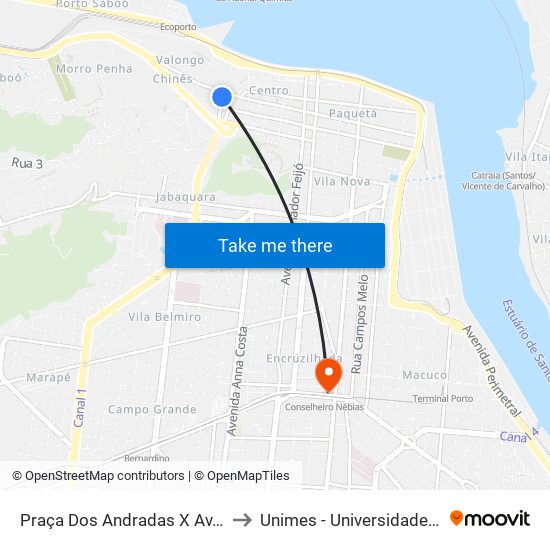 Praça Dos Andradas X Av. Visconde De São Leopoldo to Unimes - Universidade Metropolitana De Santos map