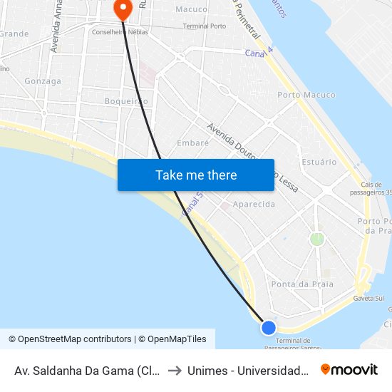 Av. Saldanha Da Gama (Clube Internacional De Regatas) to Unimes - Universidade Metropolitana De Santos map