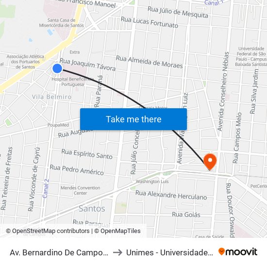 Av. Bernardino De Campos (Beneficência Portuguesa) to Unimes - Universidade Metropolitana De Santos map