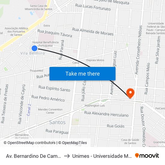 Av. Bernardino De Campos X Rua Tiradentes to Unimes - Universidade Metropolitana De Santos map