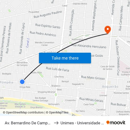 Av. Bernardino De Campos X Rua Euclides Da Cunha to Unimes - Universidade Metropolitana De Santos map