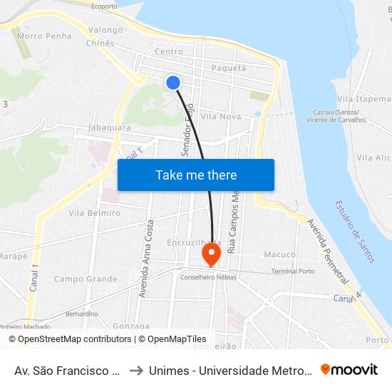 Av. São Francisco X Rua Itororó to Unimes - Universidade Metropolitana De Santos map