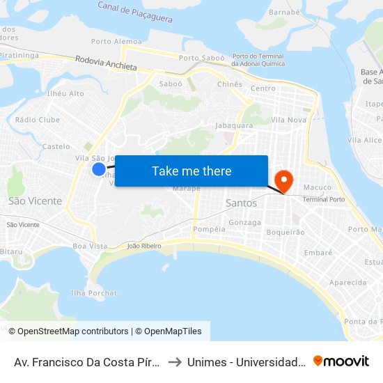 Av. Francisco Da Costa Píres X Rua Luís De Campos Moura to Unimes - Universidade Metropolitana De Santos map