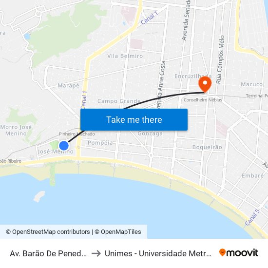 Av. Barão De Penedo (Orquidário) to Unimes - Universidade Metropolitana De Santos map