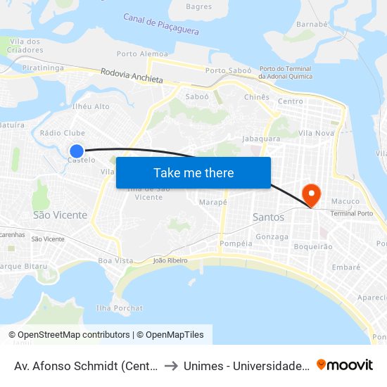 Av. Afonso Schmidt (Centro Esportivo Zona Noroeste) to Unimes - Universidade Metropolitana De Santos map
