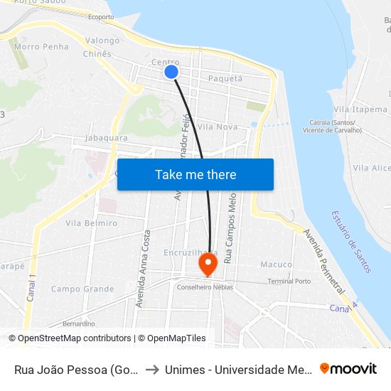 Rua João Pessoa (Gomes/Cacau Show) to Unimes - Universidade Metropolitana De Santos map