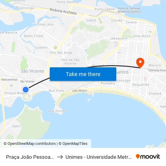 Praça João Pessoa (Igreja Matriz) to Unimes - Universidade Metropolitana De Santos map