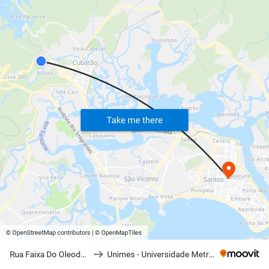 Rua Faixa Do Oleoduto (Ubs Pinhal) to Unimes - Universidade Metropolitana De Santos map