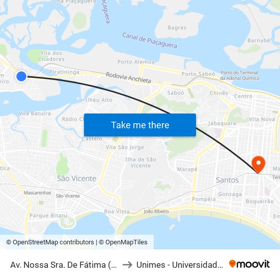 Av. Nossa Sra. De Fátima (Passarela Vila Dos Pescadores) to Unimes - Universidade Metropolitana De Santos map