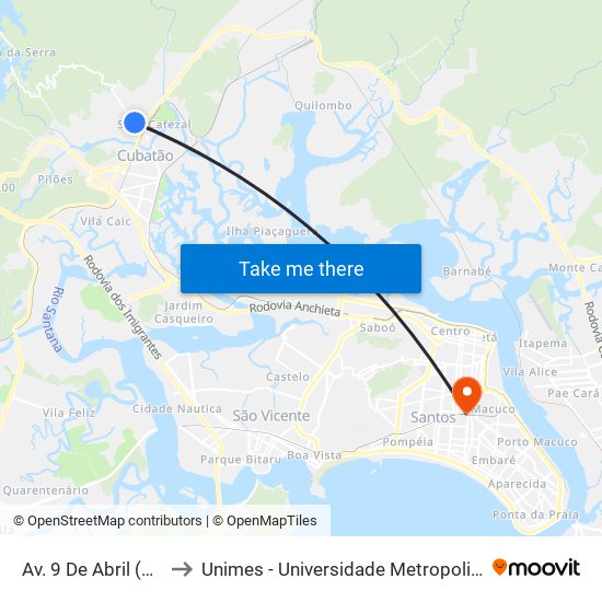 Av. 9 De Abril (Refinaria) to Unimes - Universidade Metropolitana De Santos map