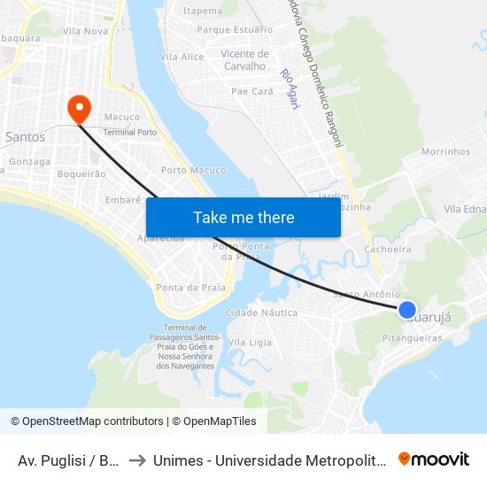 Av. Puglisi / Biquinha to Unimes - Universidade Metropolitana De Santos map