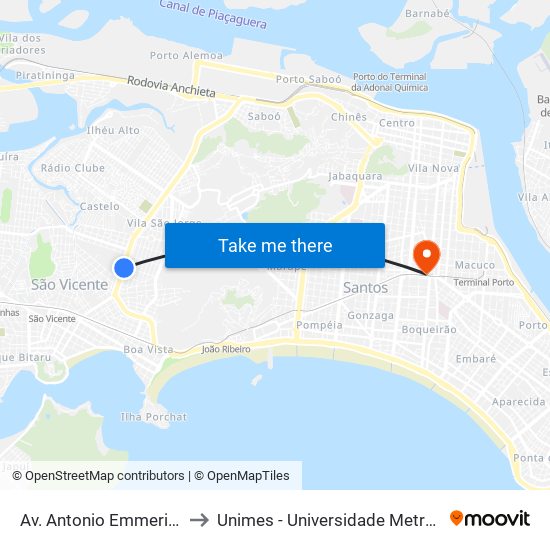 Av. Antonio Emmerich (Itaú/2º Bil) to Unimes - Universidade Metropolitana De Santos map