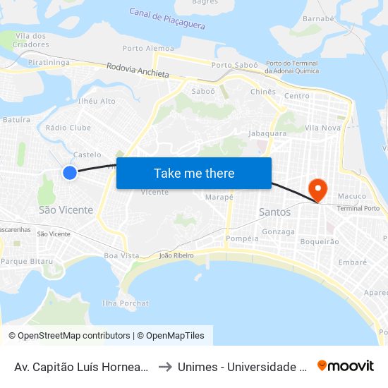 Av. Capitão Luís Horneaux X Av. Alcides De Araújo to Unimes - Universidade Metropolitana De Santos map