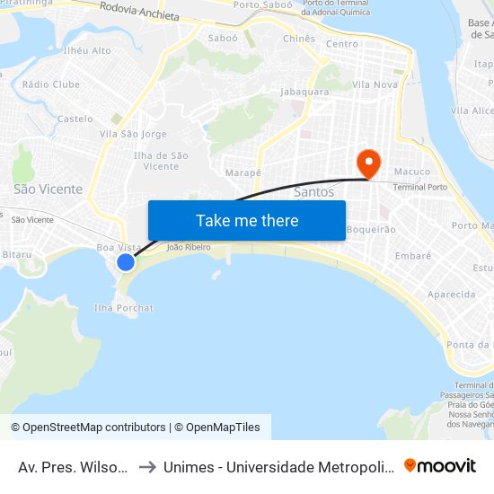Av. Pres. Wilson (Praia) to Unimes - Universidade Metropolitana De Santos map