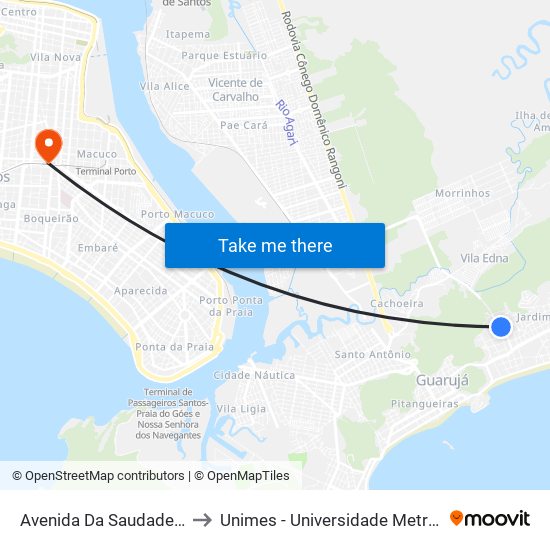Avenida Da Saudade 950 - Vila Júlia to Unimes - Universidade Metropolitana De Santos map