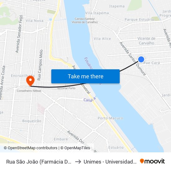 Rua São João (Farmácia Do Cidadão - Vicente De Carvalho) to Unimes - Universidade Metropolitana De Santos map
