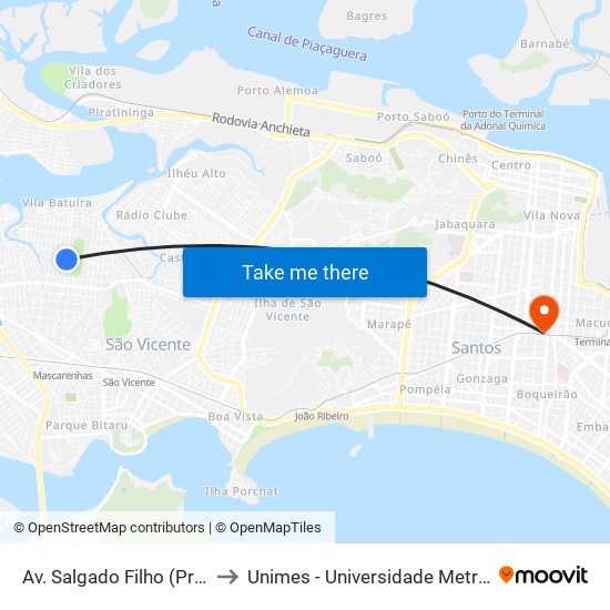Av. Salgado Filho (Praça Matteo Bei) to Unimes - Universidade Metropolitana De Santos map