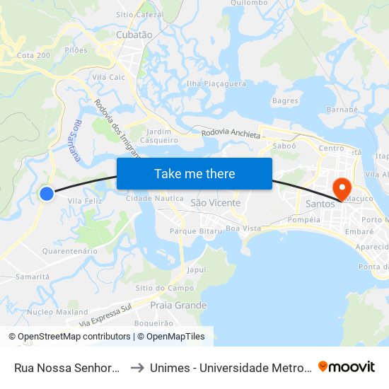 Rua Nossa Senhora Aparecida, 8 to Unimes - Universidade Metropolitana De Santos map