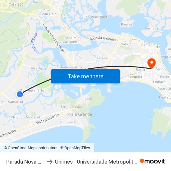Parada Nova Geração to Unimes - Universidade Metropolitana De Santos map
