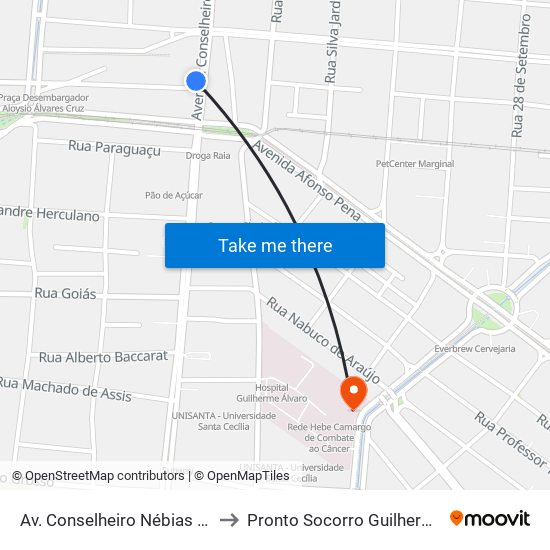 Av. Conselheiro Nébias (Unimes) to Pronto Socorro Guilherme Álvaro map