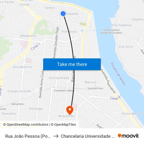 Rua João Pessoa (Poupatempo) to Chancelaria Universidade Santa Cecília map