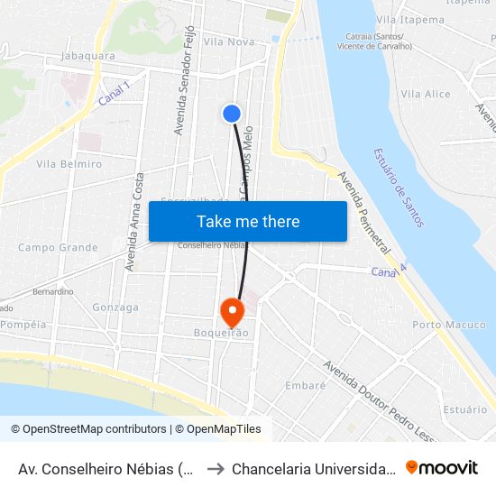 Av. Conselheiro Nébias (Unisantos/Senac) to Chancelaria Universidade Santa Cecília map