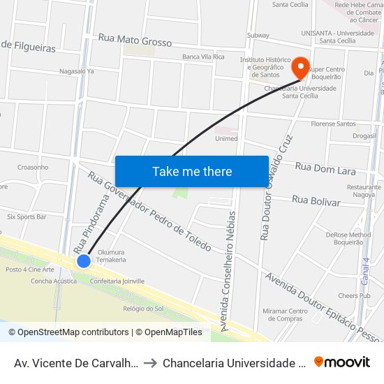 Av. Vicente De Carvalho (Canal 3) to Chancelaria Universidade Santa Cecília map