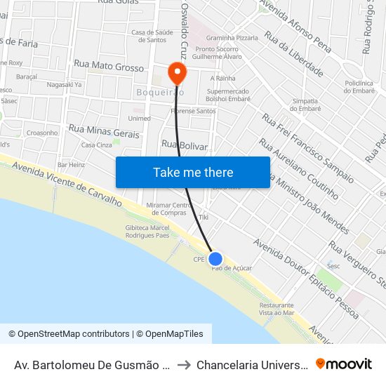 Av. Bartolomeu De Gusmão (Objetivo/Pão De Açúcar) to Chancelaria Universidade Santa Cecília map