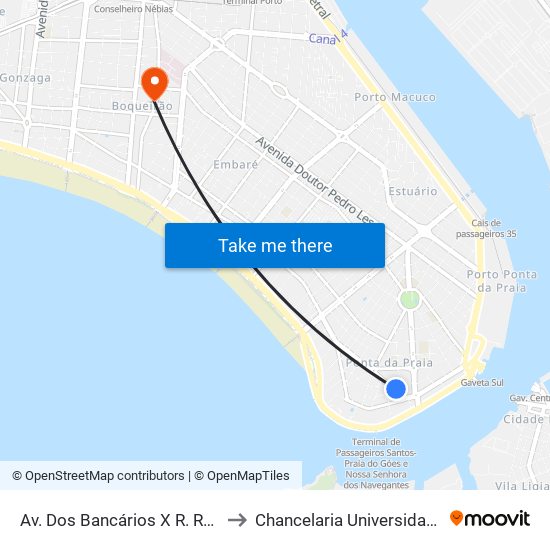 Av. Dos Bancários X R. República Do Peru to Chancelaria Universidade Santa Cecília map