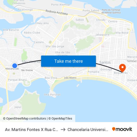 Av. Martins Fontes X Rua Caminho Dos Barreiros to Chancelaria Universidade Santa Cecília map