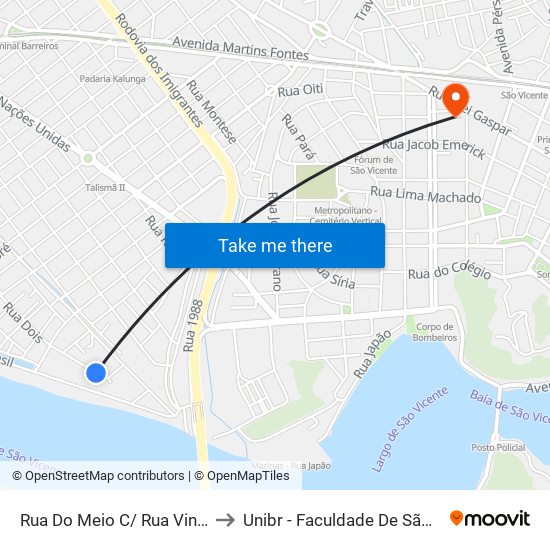 Rua Do Meio C/ Rua Vinte E Um to Unibr - Faculdade De São Vicente map