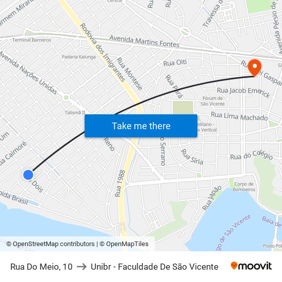 Rua Do Meio, 10 to Unibr - Faculdade De São Vicente map