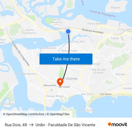 Rua Dois, 48 to Unibr - Faculdade De São Vicente map