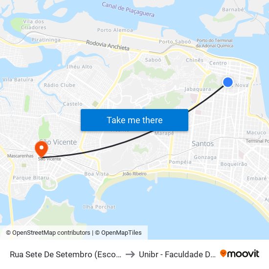Rua Sete De Setembro (Escola Acácio De Paula) to Unibr - Faculdade De São Vicente map
