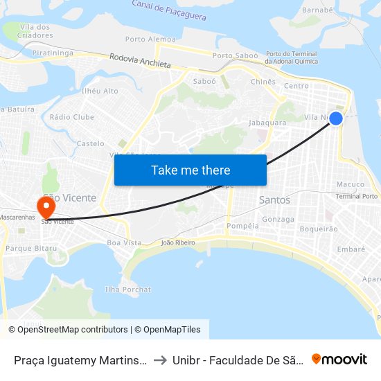 Praça Iguatemy Martins (Catraia) to Unibr - Faculdade De São Vicente map