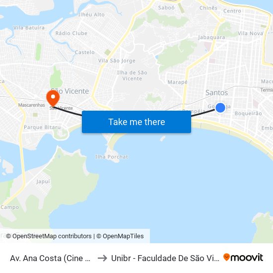 Av. Ana Costa (Cine Roxy) to Unibr - Faculdade De São Vicente map