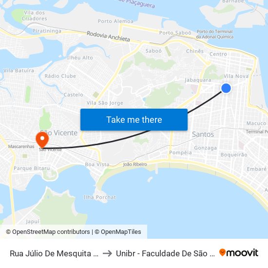 Rua Júlio De Mesquita (Senai) to Unibr - Faculdade De São Vicente map