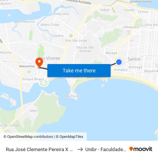 Rua José Clemente Pereira X Rua Xavier De Toledo 157 to Unibr - Faculdade De São Vicente map