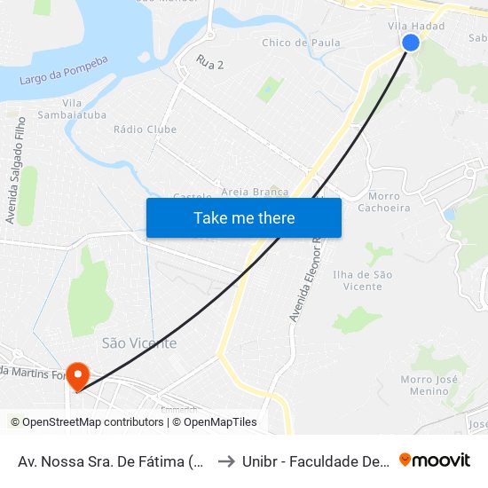 Av. Nossa Sra. De Fátima (Center Castilho) to Unibr - Faculdade De São Vicente map