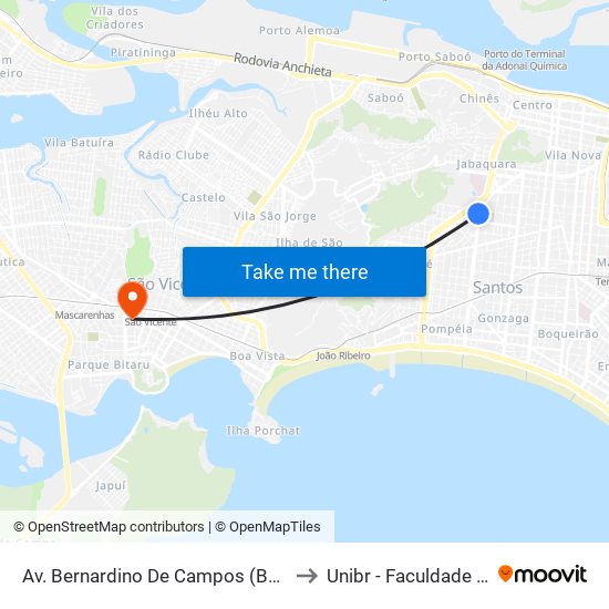 Av. Bernardino De Campos (Beneficência Portuguesa) to Unibr - Faculdade De São Vicente map