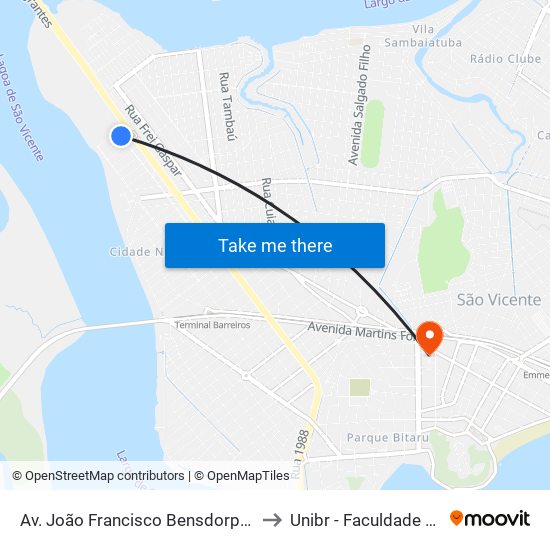Av. João Francisco Bensdorp (Garagem Municipal) to Unibr - Faculdade De São Vicente map