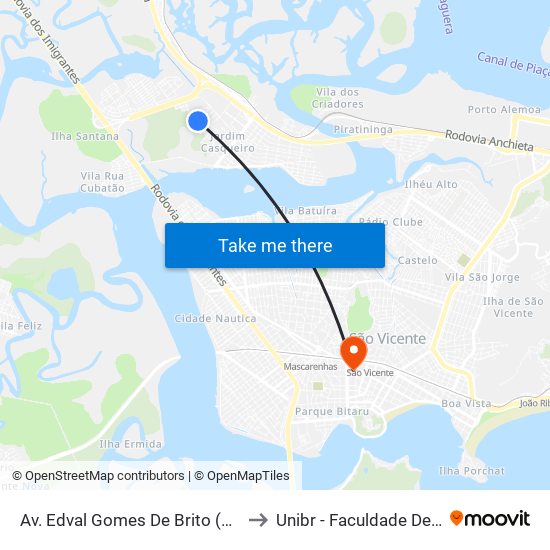 Av. Edval Gomes De Brito (Ume Pucciarello) to Unibr - Faculdade De São Vicente map